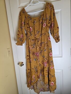 Mustard Floral High-Low Off-Shoulder Midi Dress